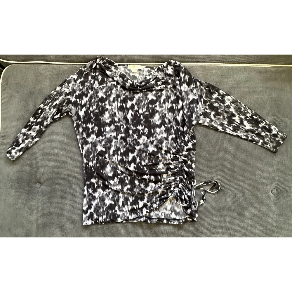 Michael‎ Kors Black & White Patterned Women's Ruched Side Blouse Large